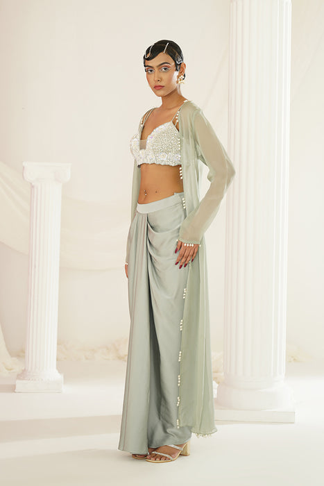 Sage green embellished Blouse, dhoti and long jacket set