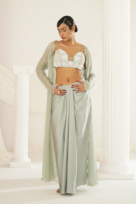 Sage green embellished Blouse, dhoti and long jacket set