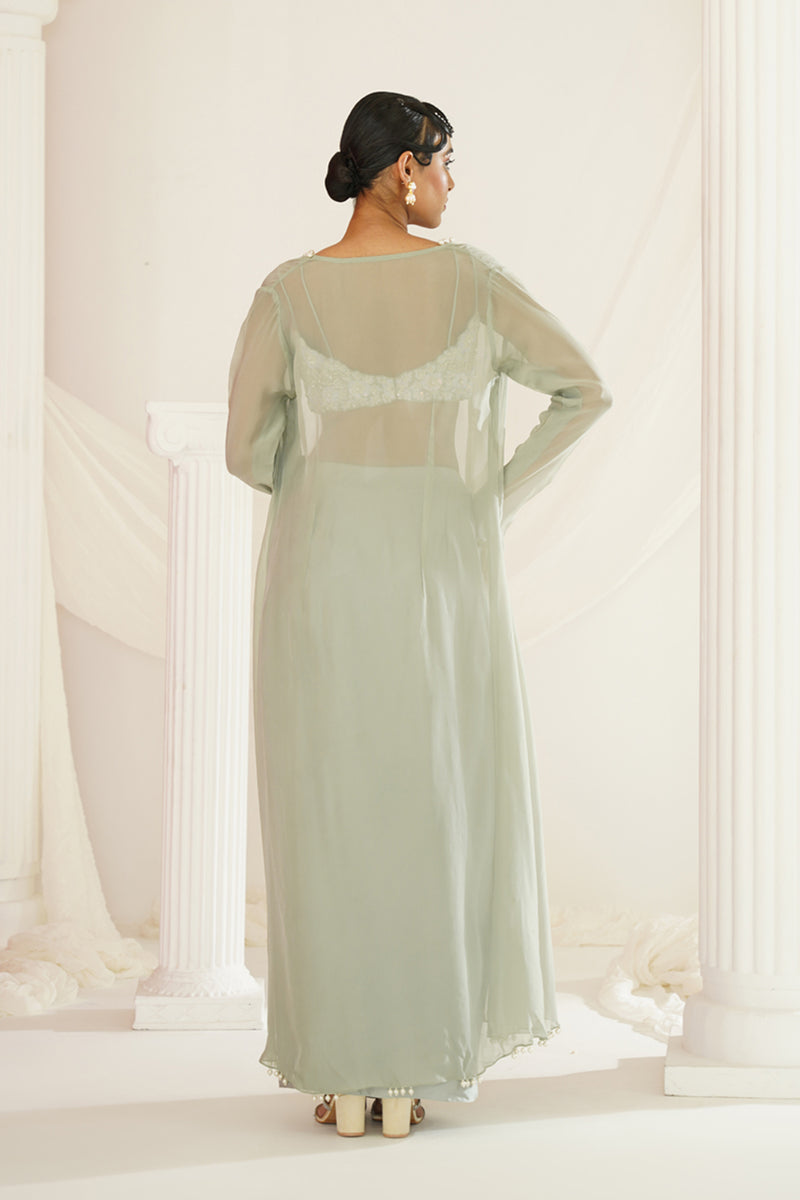 Sage green embellished Blouse, dhoti and long jacket set