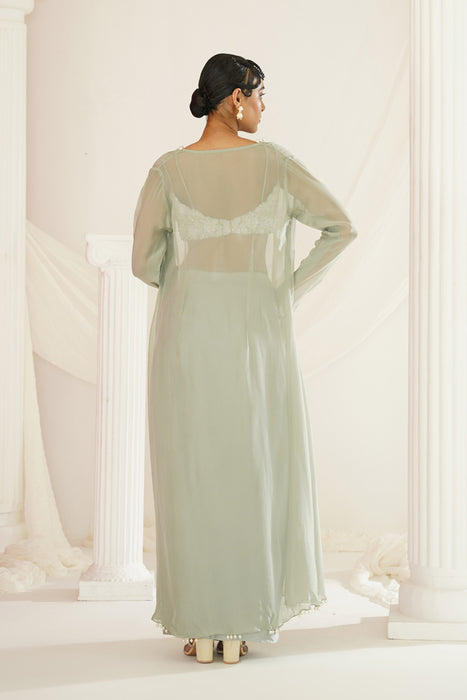 Sage green embellished Blouse, dhoti and long jacket set