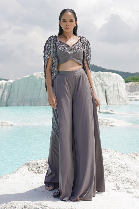 faded grey kallied plaazo with blouse and jacket