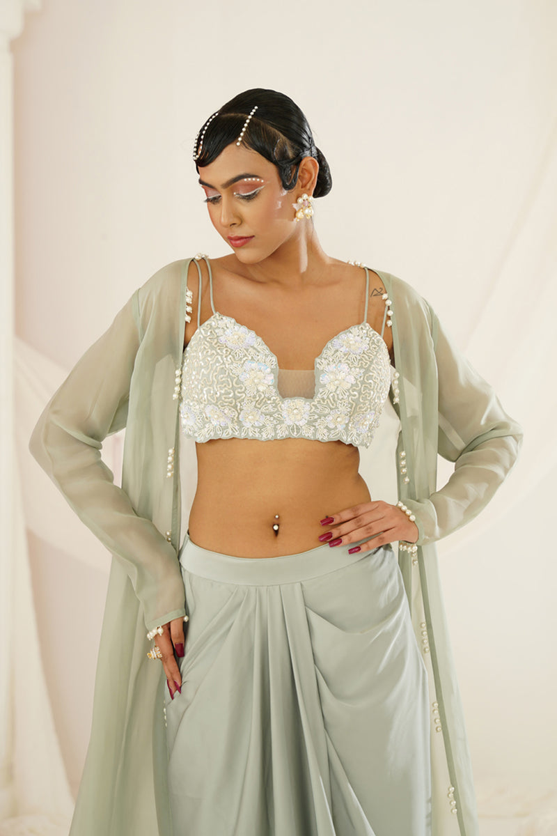 Sage green embellished Blouse, dhoti and long jacket set