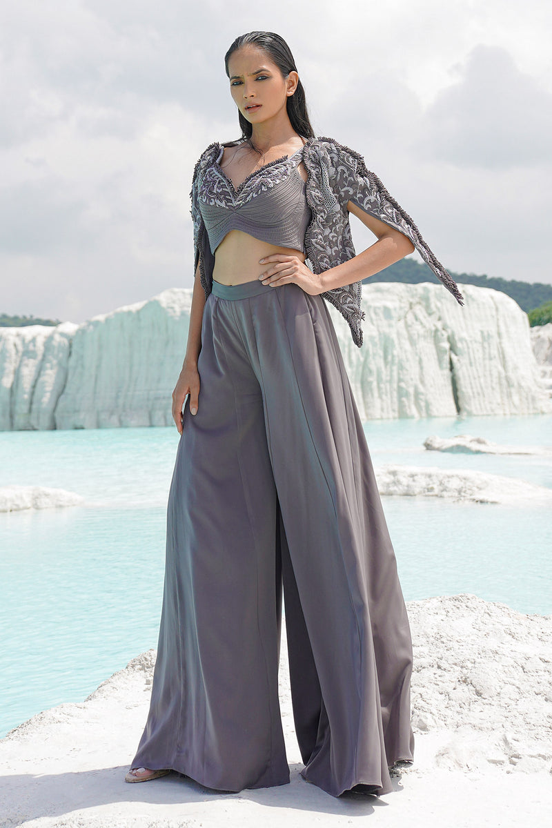 faded grey kallied plaazo with blouse and jacket