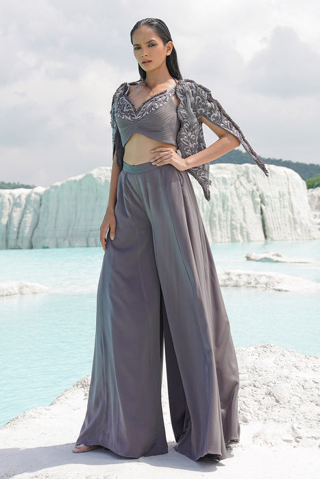 faded grey kallied plaazo with blouse and jacket