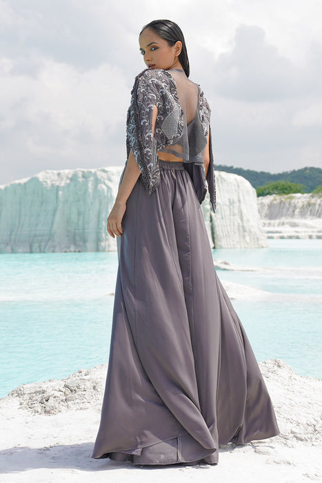 faded grey kallied plaazo with blouse and jacket