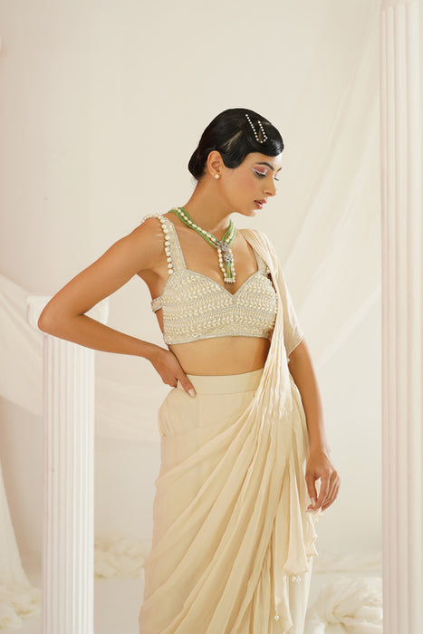 Ivory embroidered blouse with ready to wear ruffle saree set
