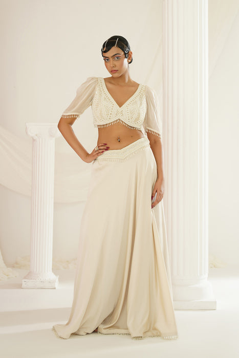 Ivory crystals and pearl embroidered lehenga set
