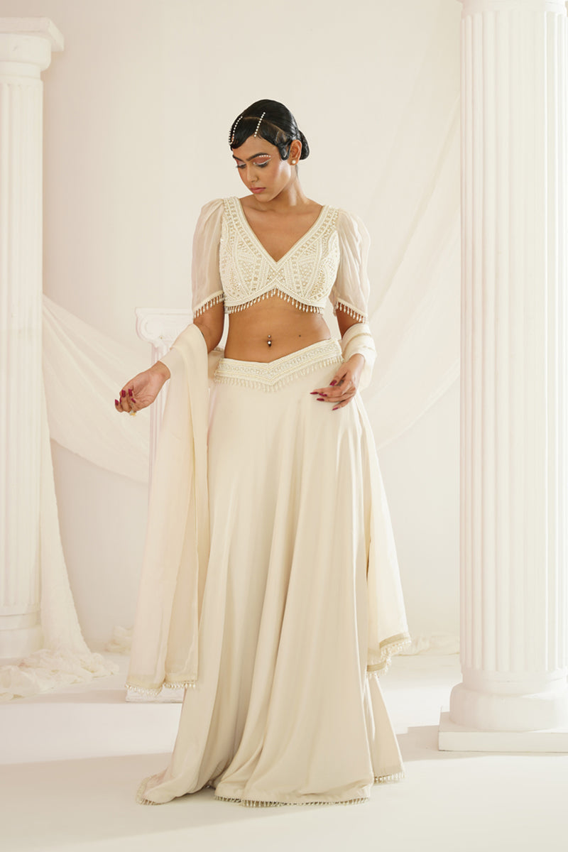 Ivory crystals and pearl embroidered lehenga set