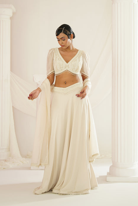 Ivory crystals and pearl embroidered lehenga set