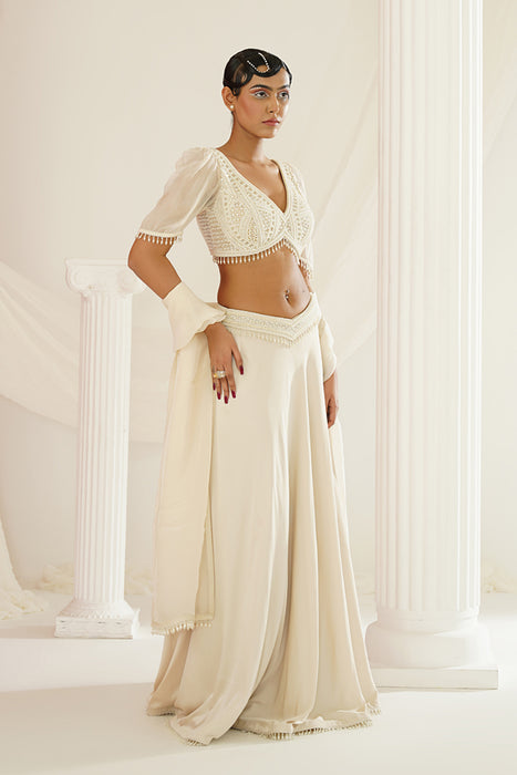 Ivory crystals and pearl embroidered lehenga set