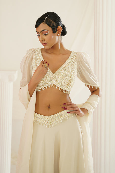 Ivory crystals and pearl embroidered lehenga set