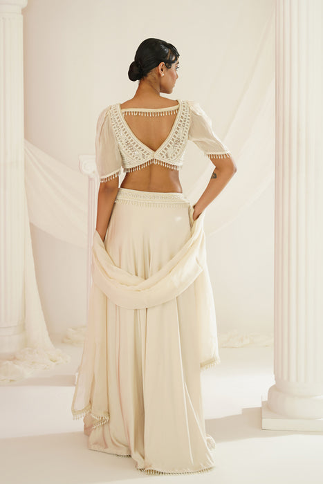 Ivory crystals and pearl embroidered lehenga set