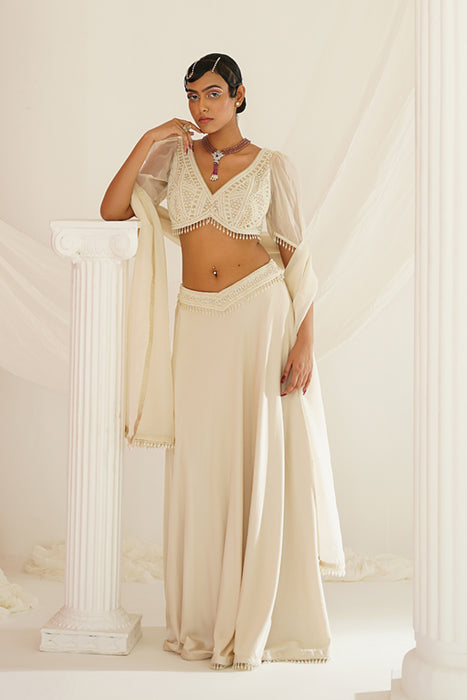 Ivory crystals and pearl embroidered lehenga set