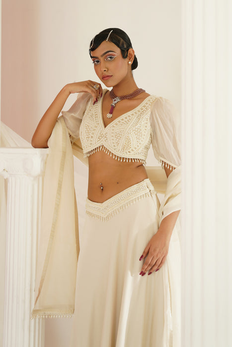 Ivory crystals and pearl embroidered lehenga set