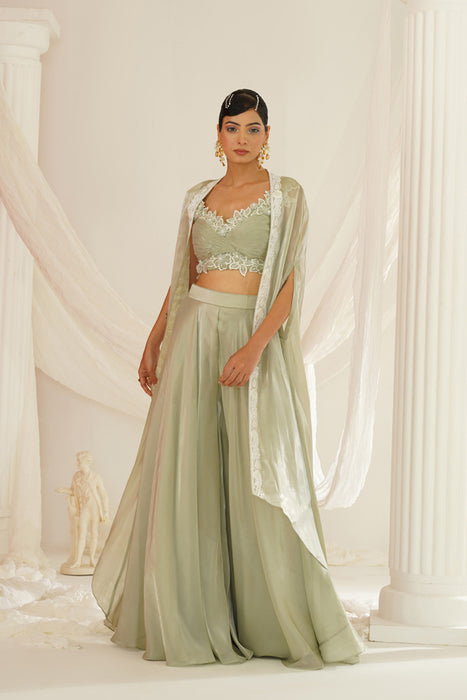 Sage green embroidered Sharara set
