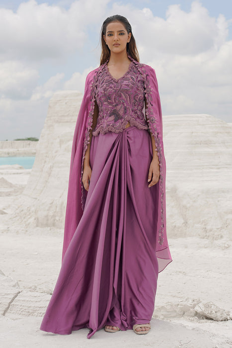 pink draped skirt with blouse and dupatta