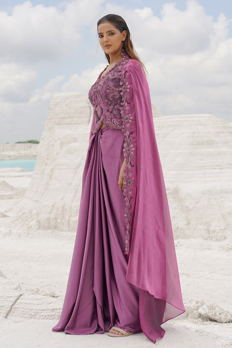 pink draped skirt with blouse and dupatta