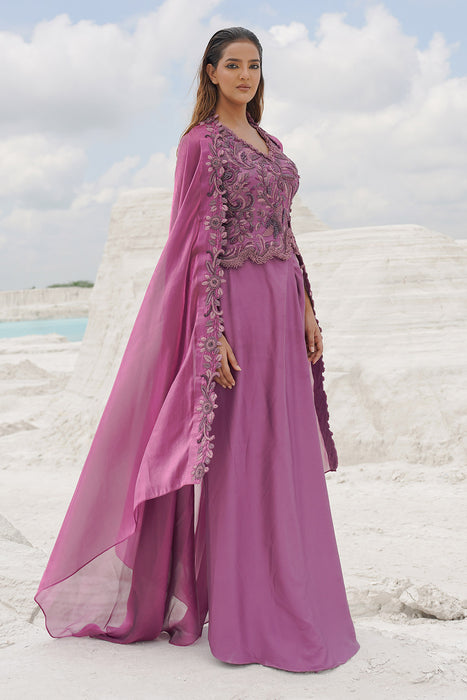 pink draped skirt with blouse and dupatta