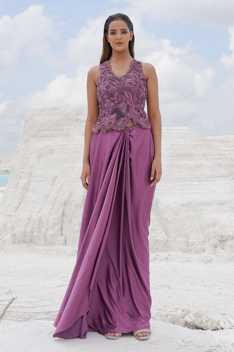 pink draped skirt with blouse and dupatta