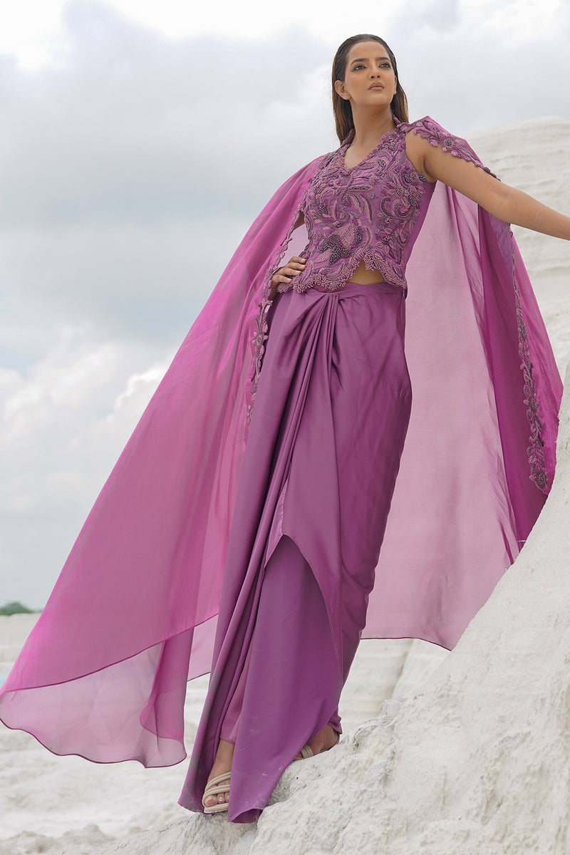 pink draped skirt with blouse and dupatta
