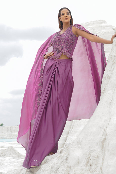 pink draped skirt with blouse and dupatta