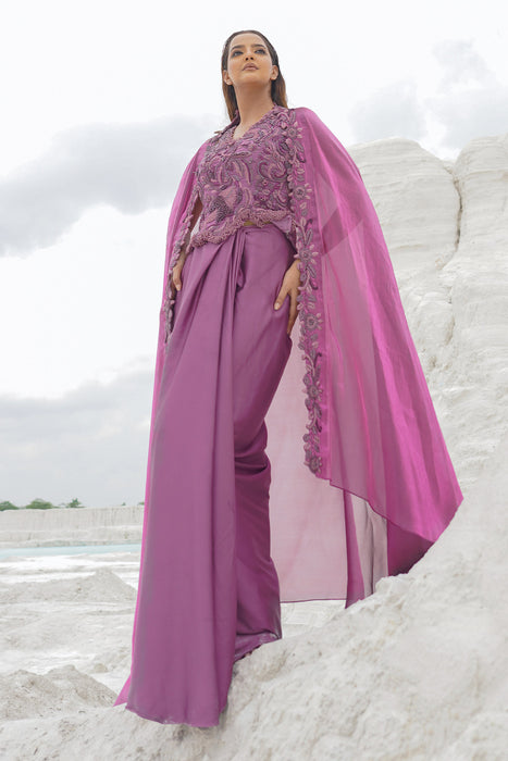 pink draped skirt with blouse and dupatta