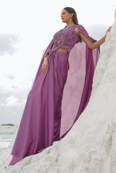 pink draped skirt with blouse and dupatta