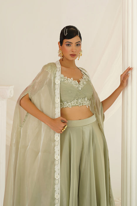 Sage green embroidered Sharara set