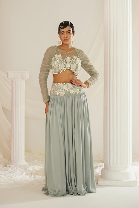 Sage green embroidered lehenga set