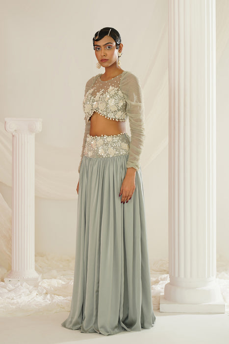 Sage green embroidered lehenga set