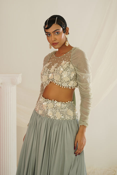 Sage green embroidered lehenga set