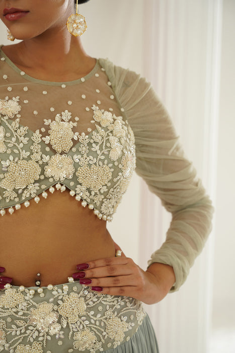 Sage green embroidered lehenga set