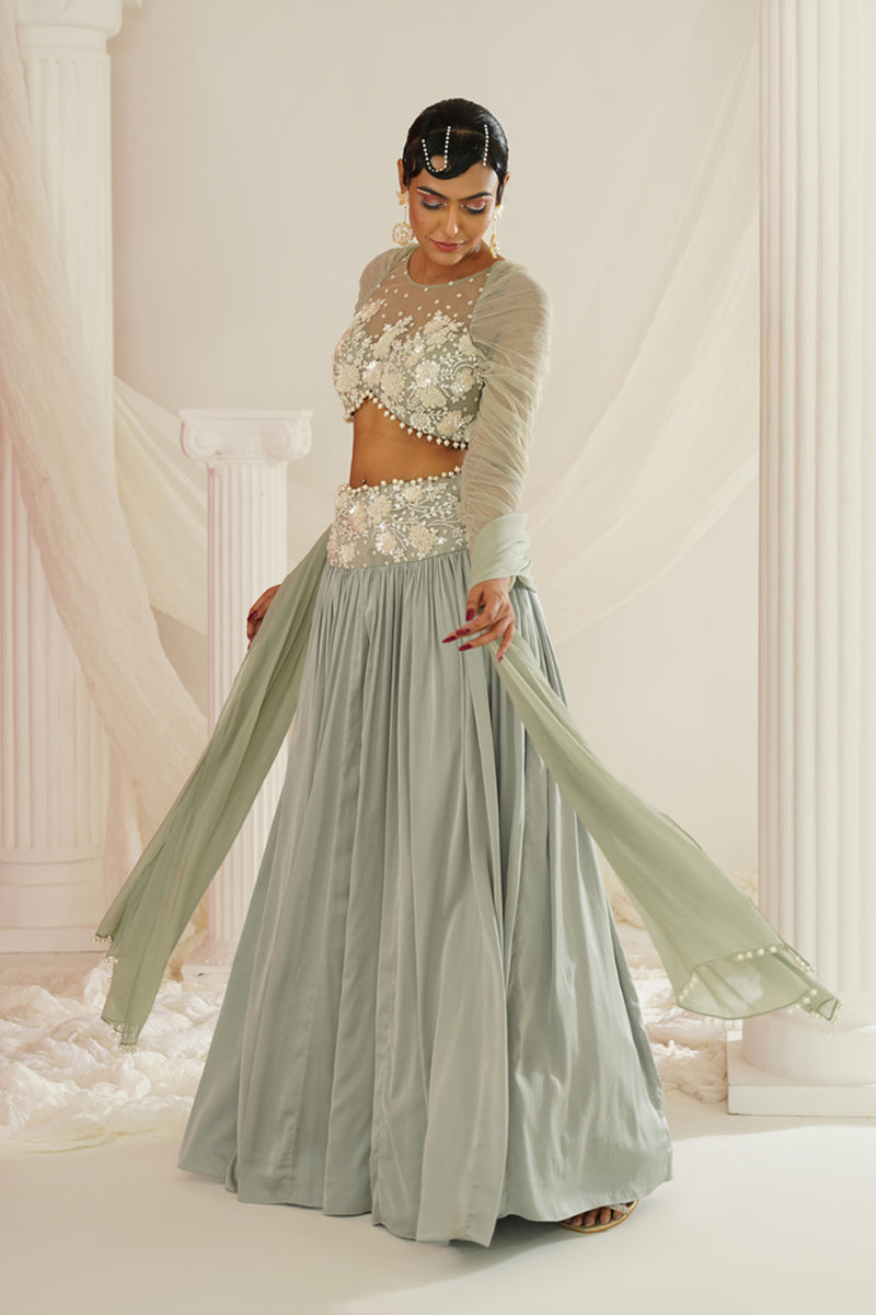 Sage green embroidered lehenga set