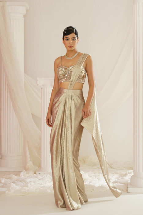 Gold embroidered blouse with
 ready to wear drape saree set