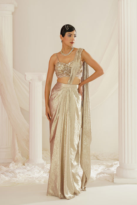 Gold embroidered blouse with
 ready to wear drape saree set