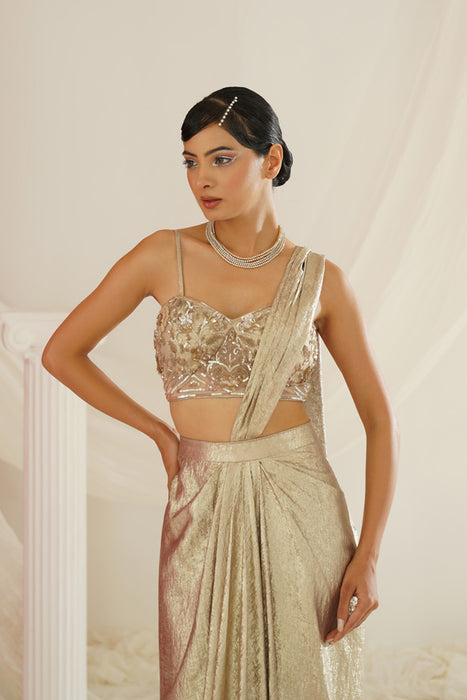 Gold embroidered blouse with
 ready to wear drape saree set