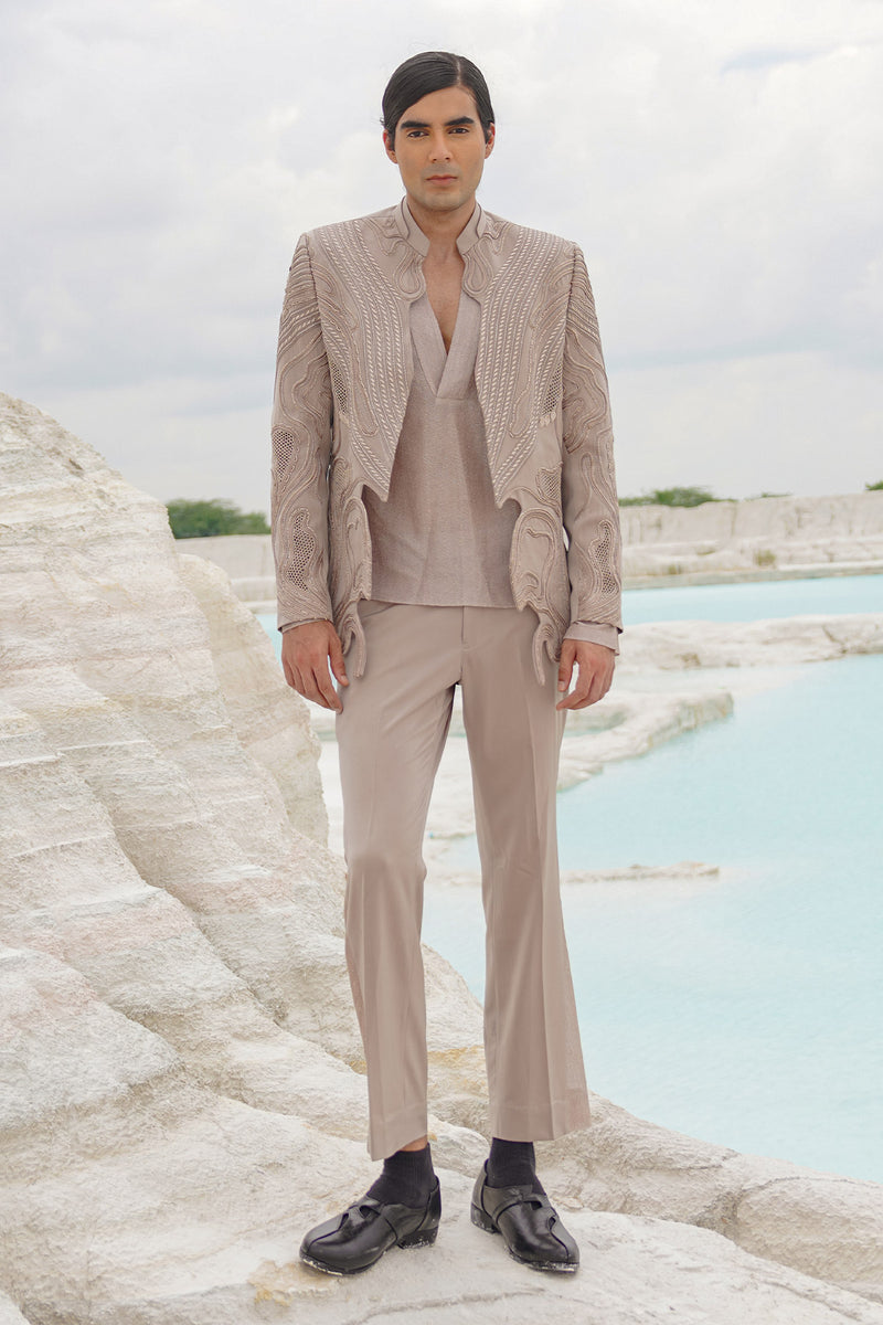 stone silk blazer with shirt and pants