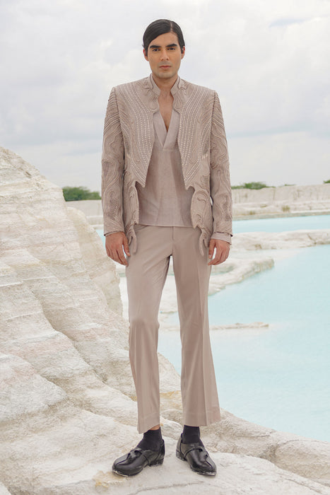 stone silk blazer with shirt and pants