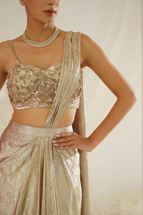 Gold embroidered blouse with
 ready to wear drape saree set
