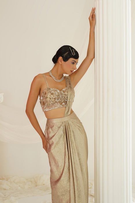 Gold embroidered blouse with
 ready to wear drape saree set
