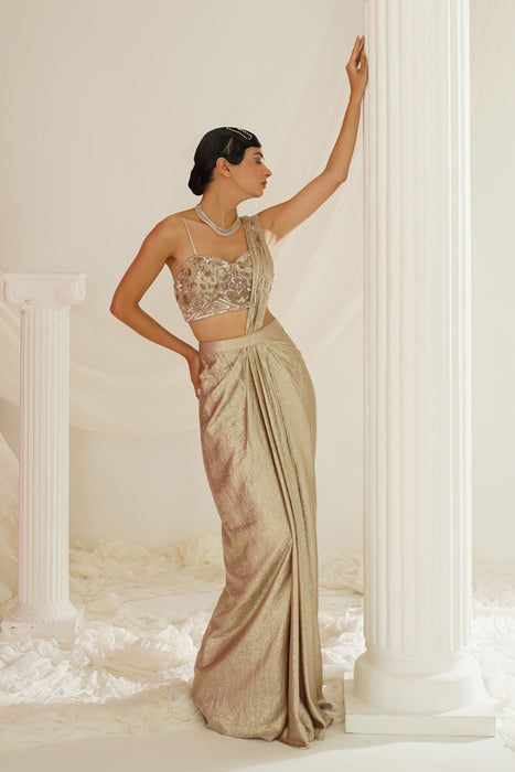 Gold embroidered blouse with
 ready to wear drape saree set