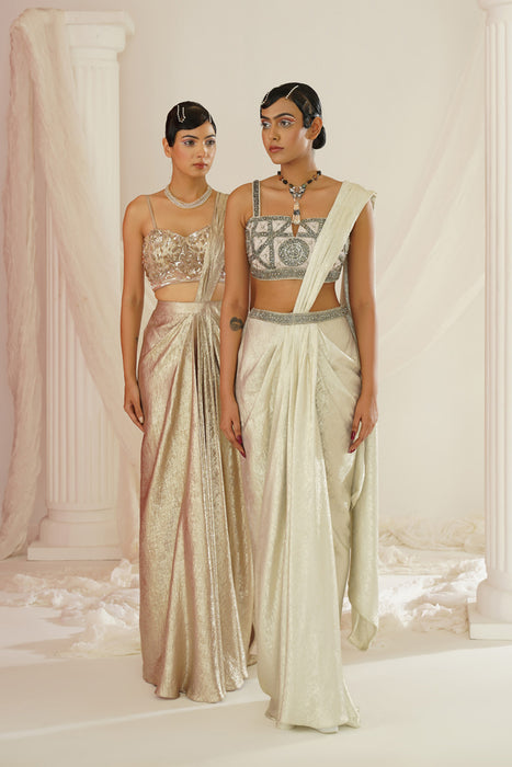 Silver grey embroidered blouse with
 ready to wear drape saree set