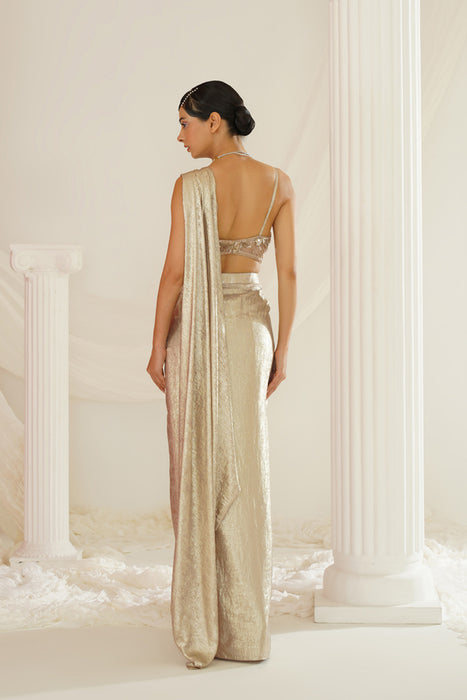 Gold embroidered blouse with
 ready to wear drape saree set