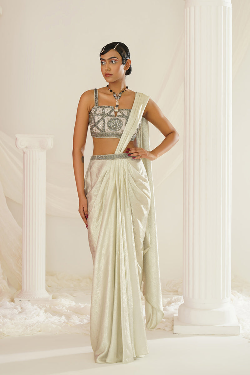 Silver grey embroidered blouse with
 ready to wear drape saree set