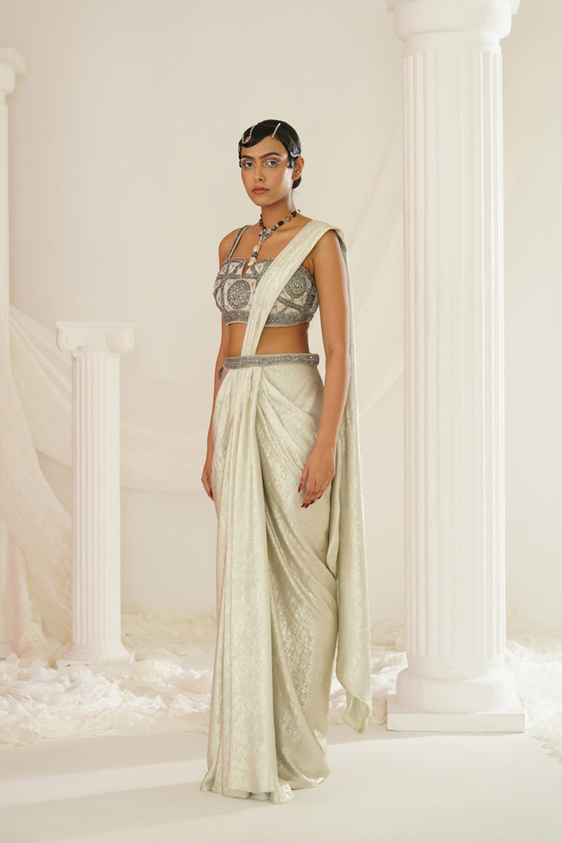 Silver grey embroidered blouse with
 ready to wear drape saree set