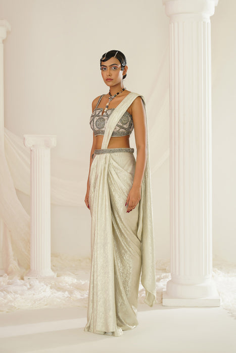 Silver grey embroidered blouse with
 ready to wear drape saree set