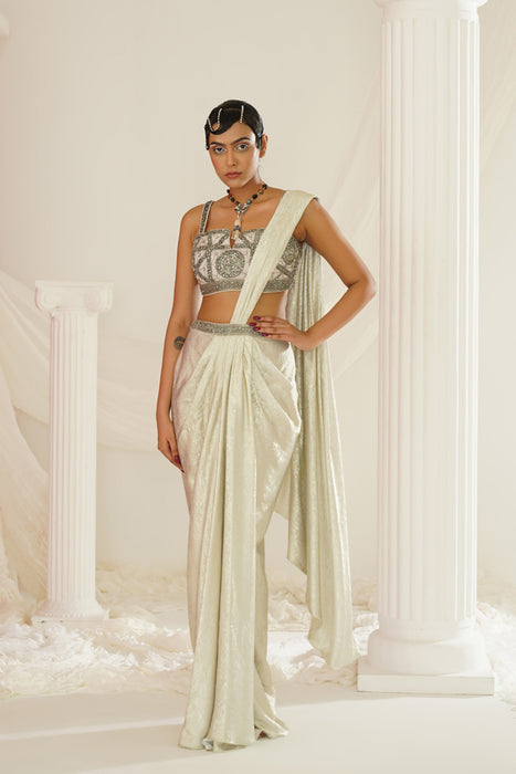 Silver grey embroidered blouse with
 ready to wear drape saree set