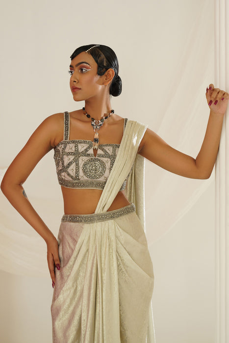 Silver grey embroidered blouse with
 ready to wear drape saree set