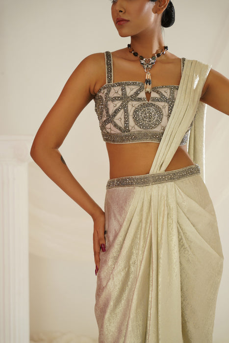 Silver grey embroidered blouse with
 ready to wear drape saree set