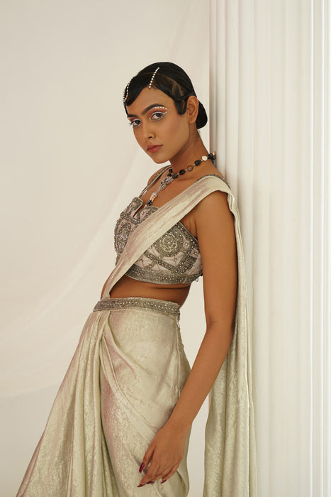 Silver grey embroidered blouse with
 ready to wear drape saree set
